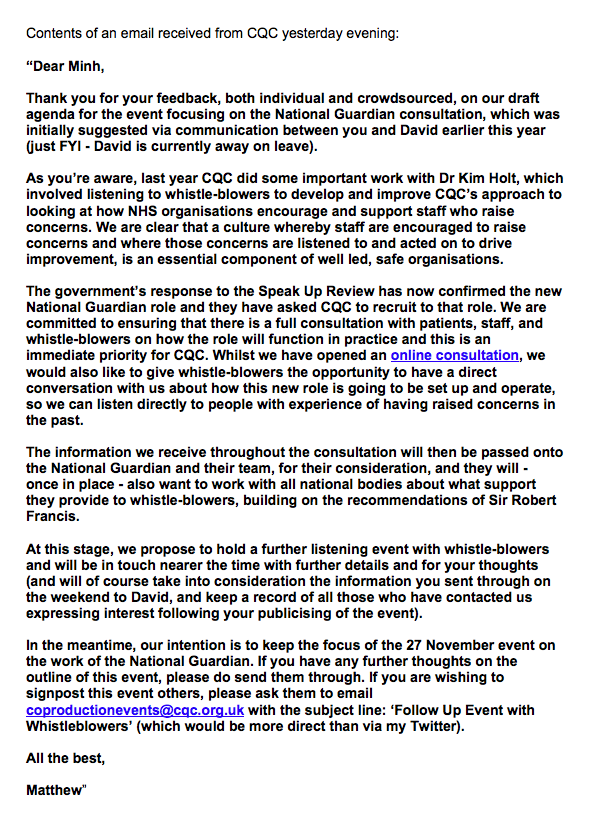 Minh_Alexander's tweet image. 3) CQC refuses to open up the #ListenCQC event:

@CompassnInCare @HeslingLaolcom @Unity_portal #KFLead #HSJLecture