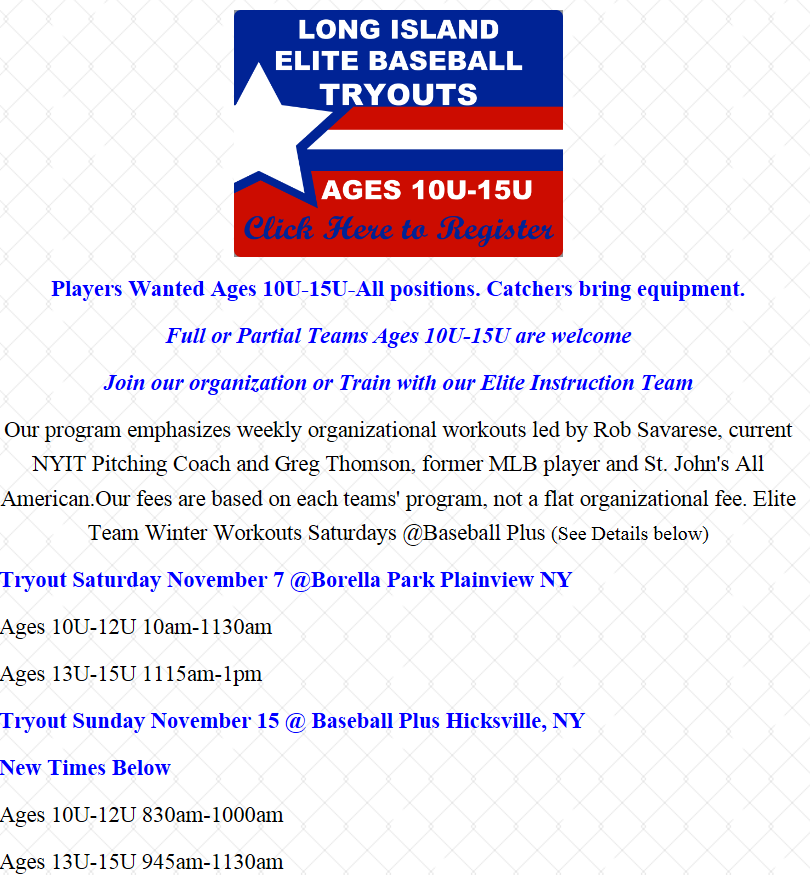 LongIslandEliteBaseball.com tryouts start this weekend!