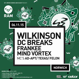 Norwich its almost time! Who's ready for <a href="/WilkinsonUK/">Wilkinson</a> <a href="/MindVortex/">Mind Vortex</a> <a href="/DCBreaks/">DC Breaks</a> <a href="/frankeemusic/">FRANKEE</a> #ramrecords #ramnorwich
