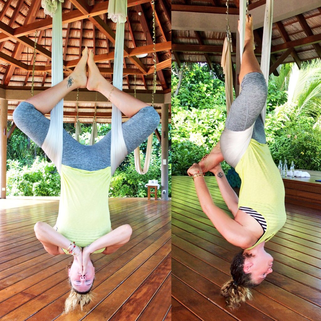 DaisyFuentes's tweet photo. #antigravity #yoga #maldives  great stretches for the spine, good workout, killer head rush headache. #upsidedown https://t.co/1xxCW3S935