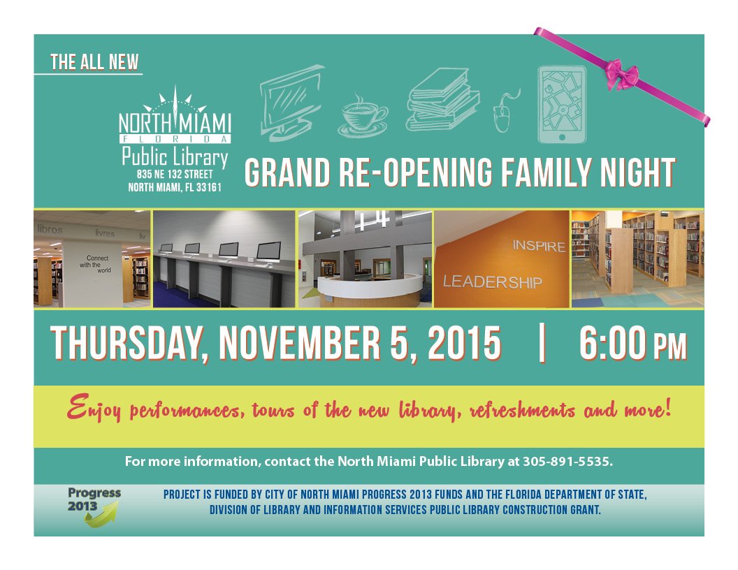 The entire community is invited to our Library's Grand Re-Opening and Family Night tomorrow at 6pm! #NoMiLibrary