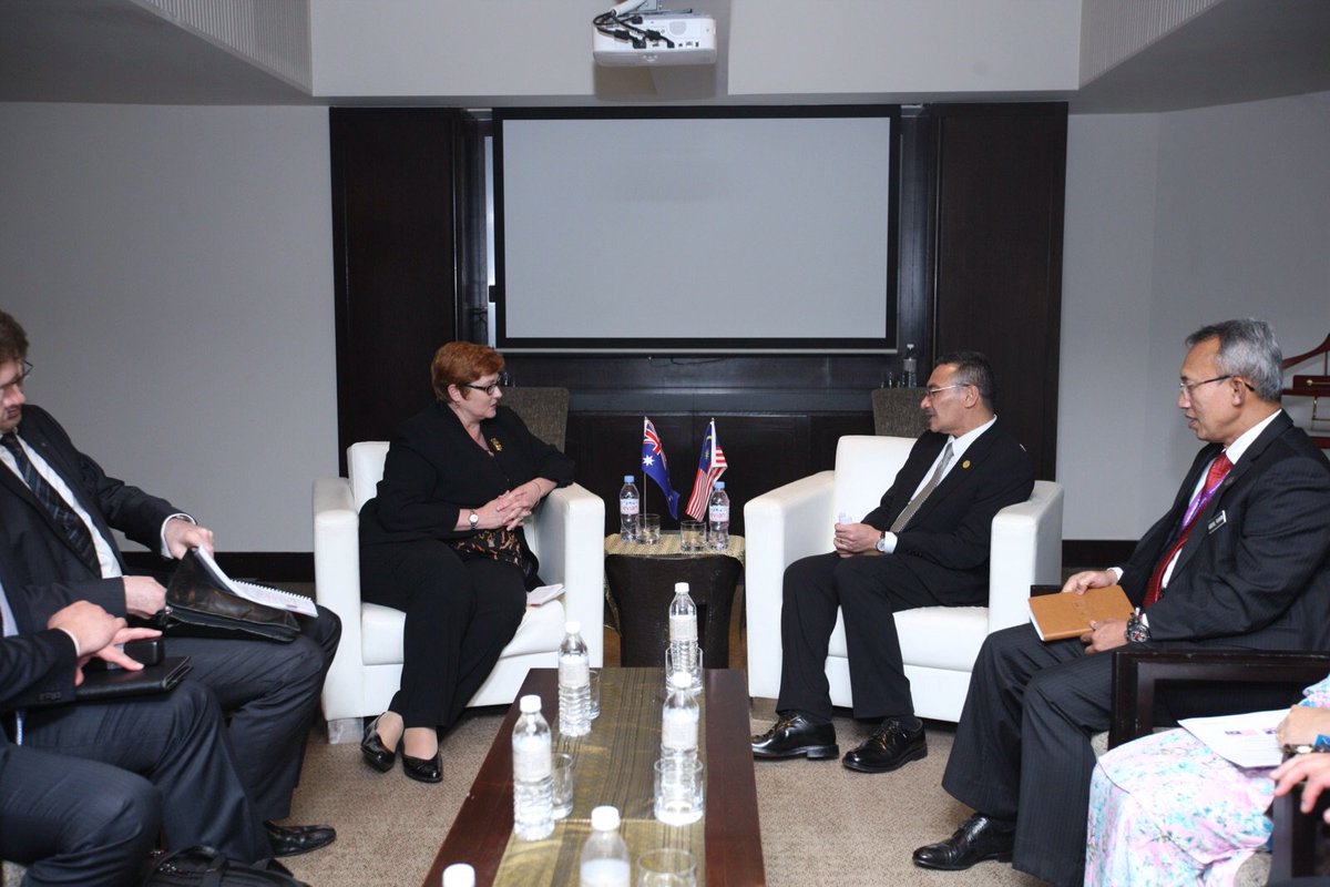 H2OComms's tweet photo. HE @MarisePayne, DefMin Australia & delegation in bilaterals with DS @HishammuddinH2O & @1MinDef officials today https://t.co/Tf9bU8DtJH
