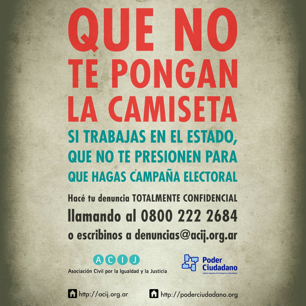 ACIJargentina's tweet photo. @halconada convocamos a empleados estatales a denunciar presiones para que hagan campaña ¿Nos ayudás a difundir? https://t.co/DnnJge3brL