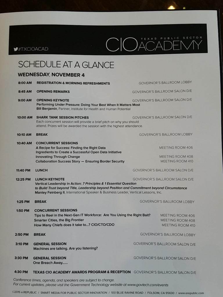 DoubleHorn's tweet photo. Today's agenda at #txcioacad.. we are proud to be a sponsor of this event! @eRepublic @govtechnews #PublicCIO https://t.co/YOYPHVKTgi