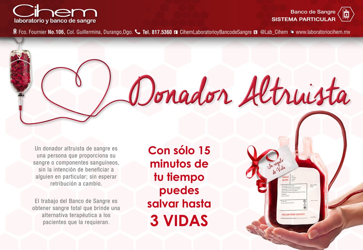Lab_Cihem's tweet image. Te Invitamos, a participar en las campañas de donación altruistas. Donar sangre es donar Vida #Durango