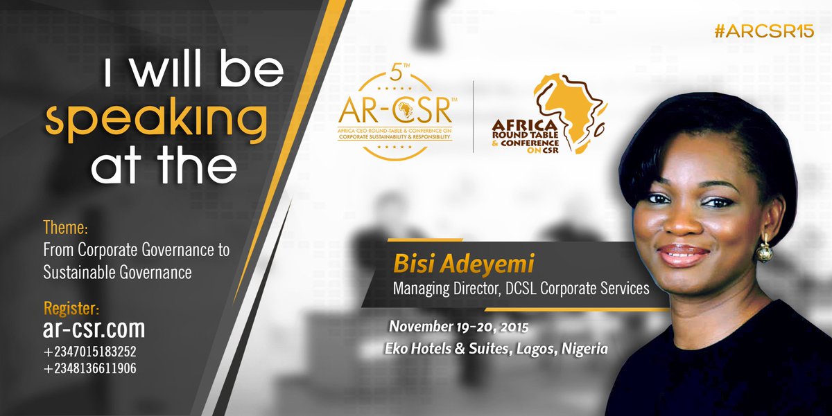 ThistlePraxisNG's tweet photo. #CountDown14Days Register to Join the Managing Director DSCL Services Bisi Adeyemi at this year Conference.#ARCSR15 https://t.co/ogBHicKT28