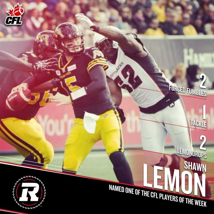 REDBLACKS's tweet photo. Congratulations to @SLemonator on being named one of the @CFL Players of the Week!

RT to show some ❤! #LemonDrops🍋 https://t.co/aiVBn3XVIj