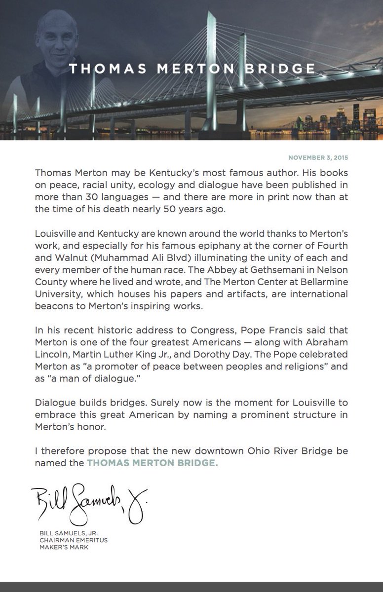bellarmineU's tweet photo. Maker's Mark chairman emeritus Bill Samuels urges Kentucky to give the #MertonBridge a shot. https://t.co/LCOuZ1brNd