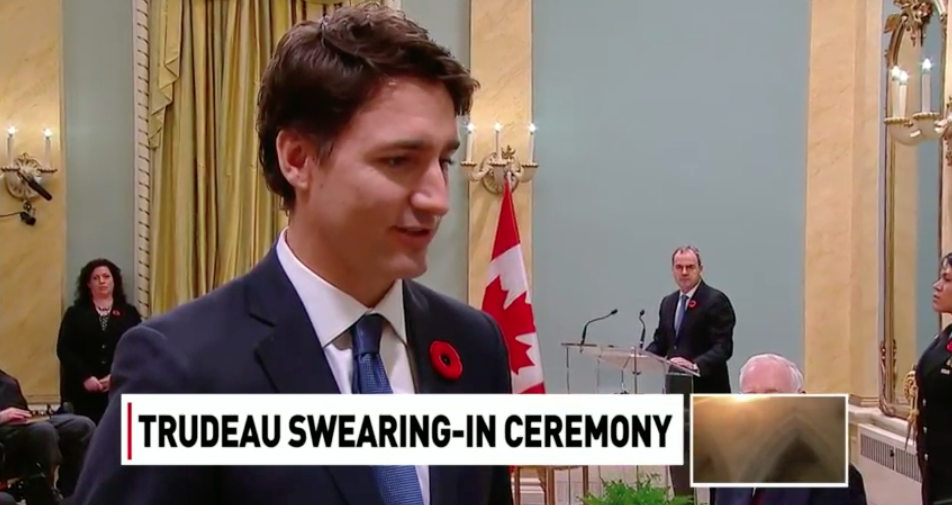 CBCNews's tweet photo. Justin Trudeau is sworn in as PM. Watch live here #cdnpoli https://t.co/RQlRGbRJJk https://t.co/xq0DvG3BkY