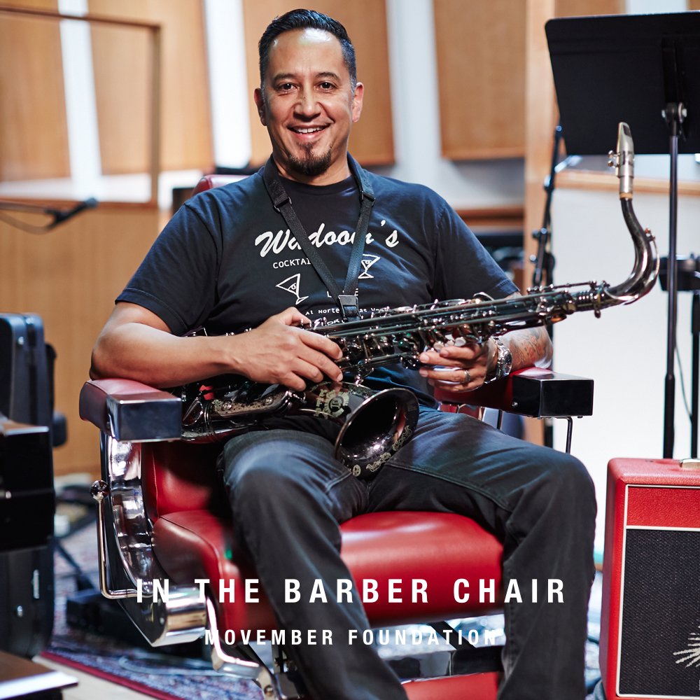 Movember's tweet photo. Now on #Movember Radio, Cleto Escobedo, house bandleader on @jimmykimmel #Inthebarberchair https://t.co/RJYGQvptY6 https://t.co/SWpAkLl7DN