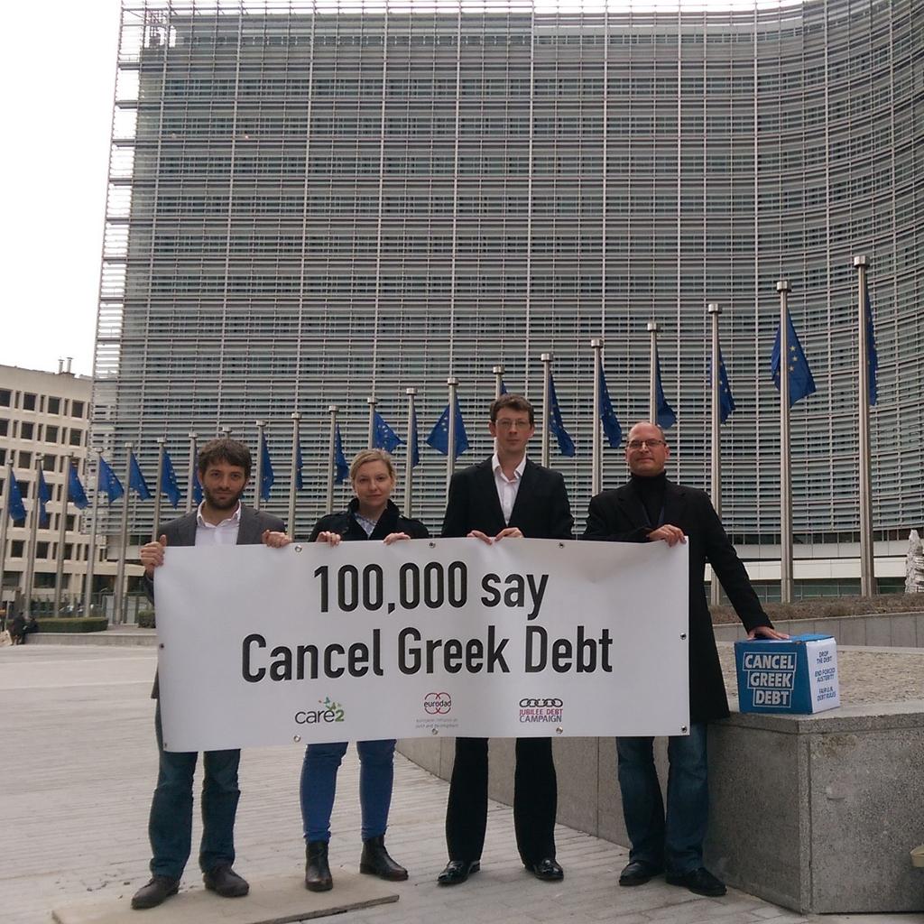debtjustice's tweet photo. We're in Brussels to hand in the first 100,000 signatures on our #CancelGreekDebt petition https://t.co/ZcrDsbLUWu