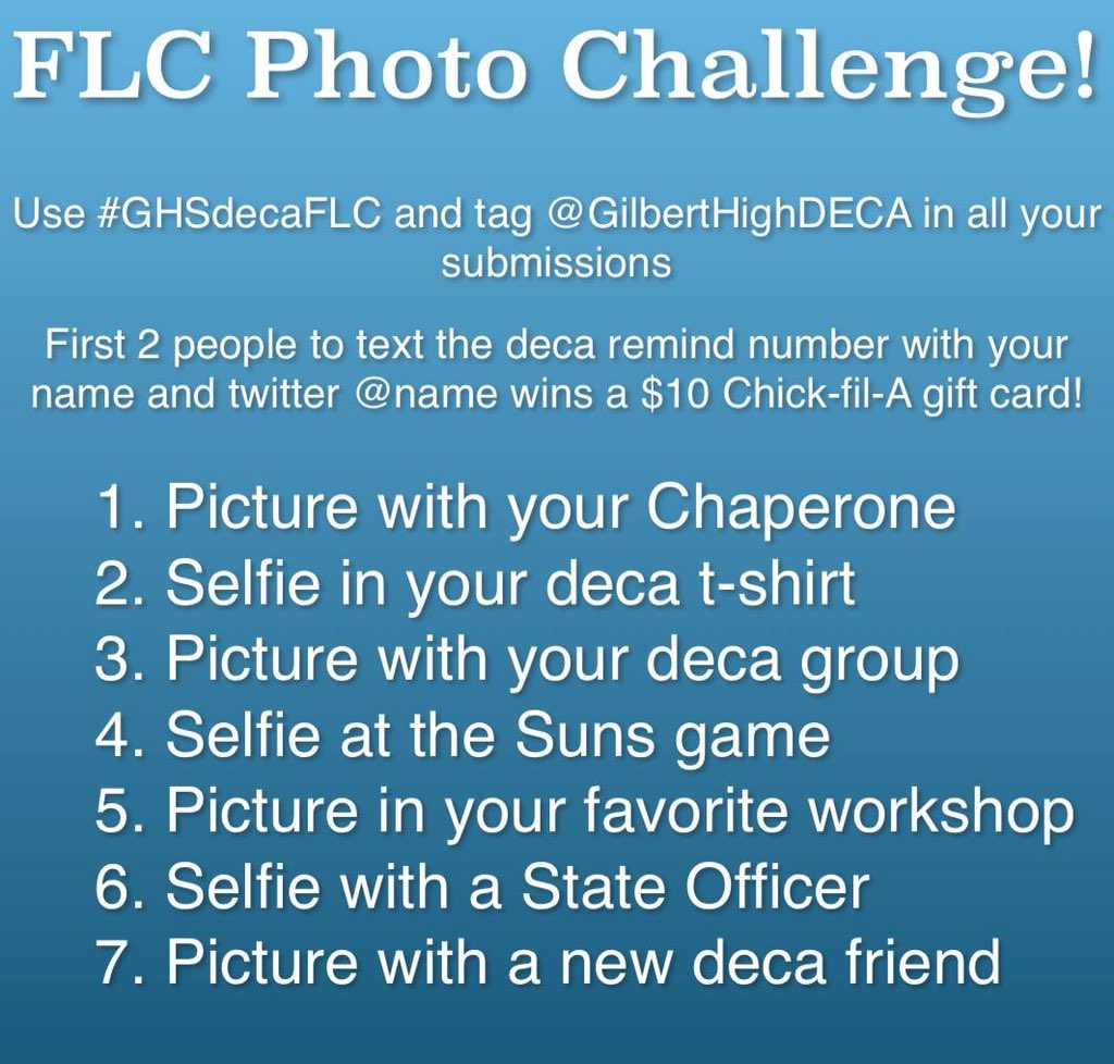 GilbertHighDECA's tweet photo. Complete the photo challenge if you want to win a $10 gift card to Chick-fil-A! https://t.co/9LGu4Soo6e