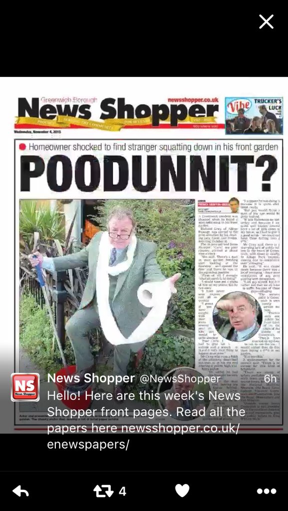 Benb111's tweet image. OFFICIAL: Shit Story...@robertgray16 makes front page of News Shopper #Greenwich #Poodunnit