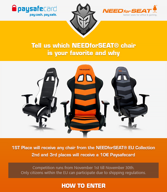 G2esports's tweet photo. Win a @NEEDforSEAT chair and some juicy @paysafecard on our website - GO GO:
https://t.co/z8FXLPnlHZ #G2NFS #G2PSC https://t.co/OhIdZPB8ic