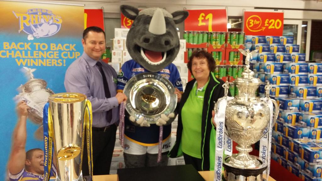 AsdaPudseyStore's tweet photo. Look what you have missed, all three @leedsrhinos trophies and @OneRonnieRhino here at Asda Pudsey #Back2BackRhinos https://t.co/tbWFLzP5lC