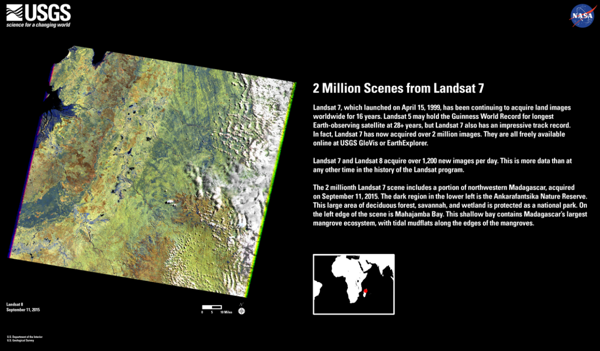 USGS's tweet photo. Landsat 7 just celebrated the acquisition of its 2 millionth scene - NW Madagascar, 9/11/15 https://t.co/TiZgaRBKZb https://t.co/Cz6x264iPT