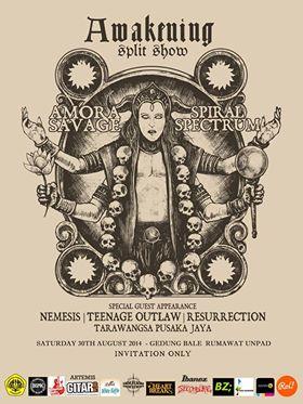 Flyer event "Awakening Split Show" launching nya 2 band berbahaya yaitu <a href="/spiral_spectrum/">spiralspectrum metal</a> dan <a href="/AmoraSavage/">Amora Savage</a>