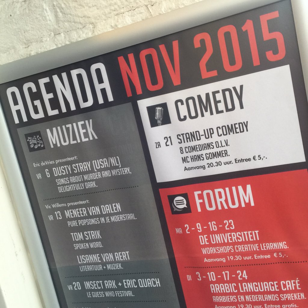 HansGommer's tweet photo. #lekkeroptijd #standup #comedy @Kargadoor #tip #noteer #agenda #utrecht #tot #dan 21 nov 2015 https://t.co/HUXNxCw4wD