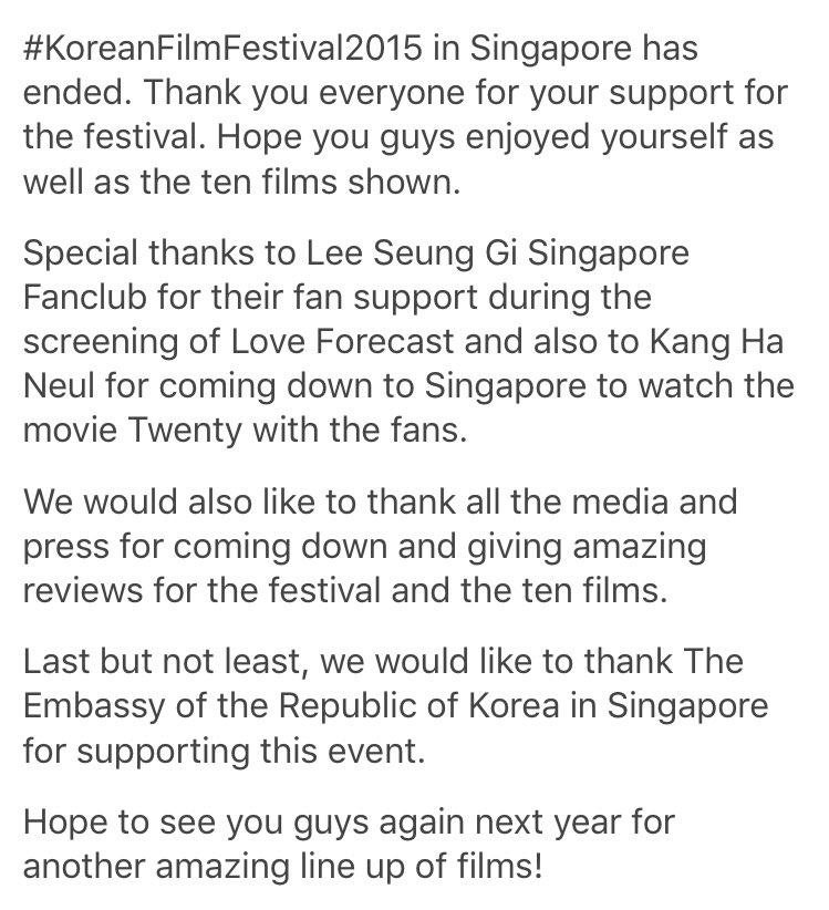 KFF2015's tweet photo. #KoreanFilmFestival2015 in Singapore has ended. Thank you everyone for your support. See you next year! https://t.co/KAFzvnj1W2