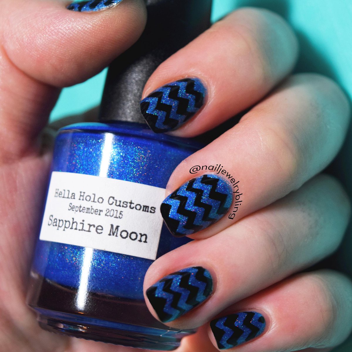 nailjewelry's tweet photo. #vapidmanimondays @vapidlacquer #hellaholocustoms Sapphire Moon. And my mini chevron stencils #nailjewelrybling https://t.co/Rp0RqeVo3o