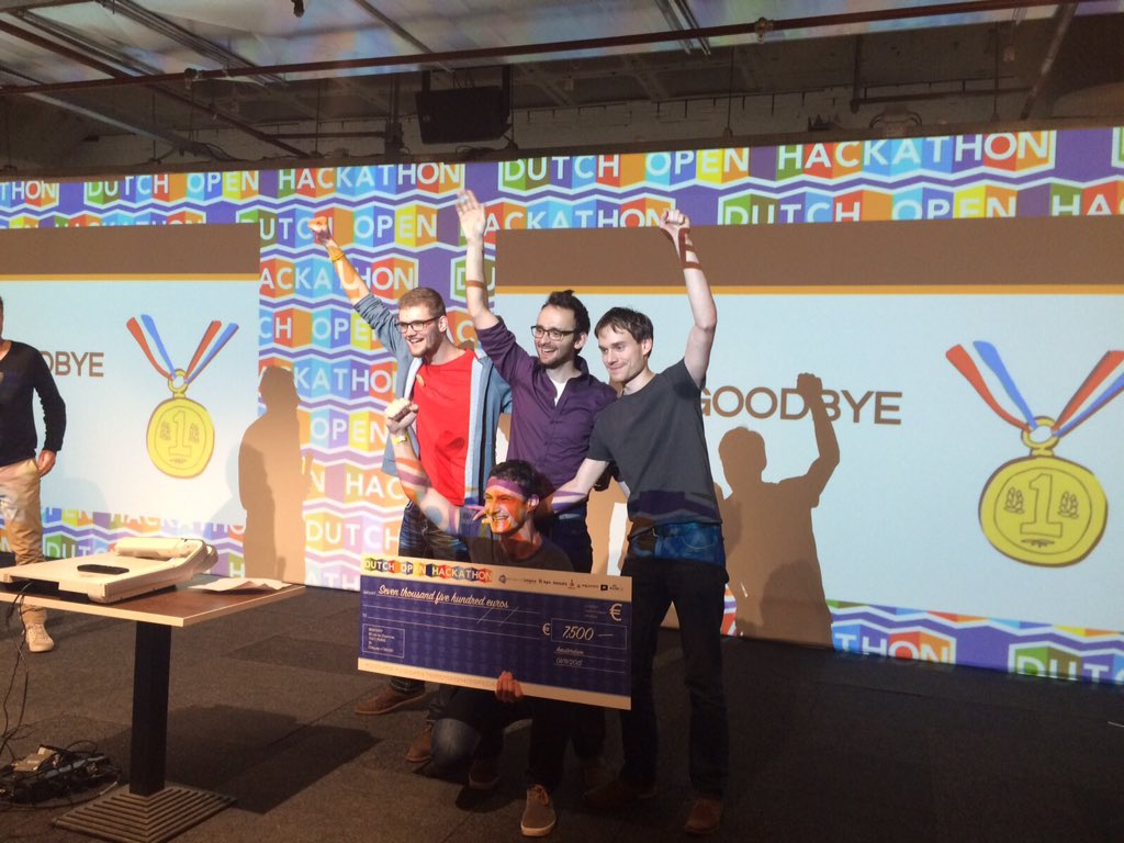 Movin_io's tweet photo. Very proud winners of last weekends Dutch Open Hackathon 2015, with our Hello Goodbye concept.Amazing! #dutchhack15 https://t.co/z8UVaRtKsQ