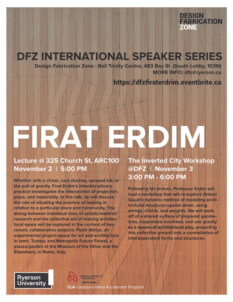 ZonesTMU's tweet photo. Today 5 pm - come meet Founders Rome Prize in Architecture winner Firat Erdim at @dfz_ryerson! #architecture #RUZone https://t.co/bvhZA1i0Rx