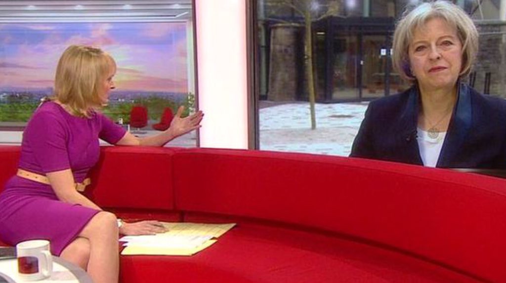 Nigel_UKIP's tweet photo. Theresa May too large to fit in studio, has to be interview through the window #Conservatives #BBC #taxcredits https://t.co/BH7Aljmxbr