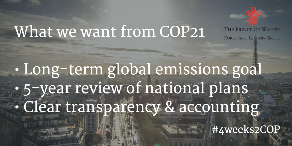 ClimateCLG's tweet photo. With just #4weeks2COP, what does success look like for business in Paris? https://t.co/rIxU4YfLIC @COP21 #WeMeanIt https://t.co/BNtVzKVeG8