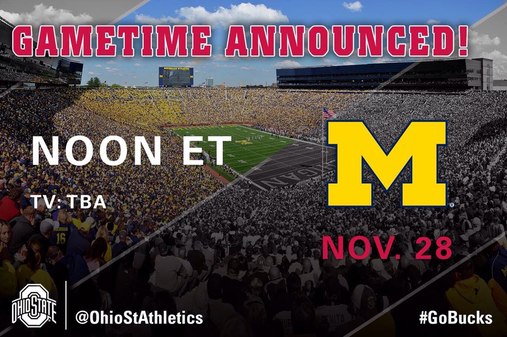 Brutus_Buckeye's tweet photo. Kickoff time for THE GAME is set! Full 🏈 schedule at https://t.co/9BvoUyGTgO #GoBucks https://t.co/CCy4P74pPZ