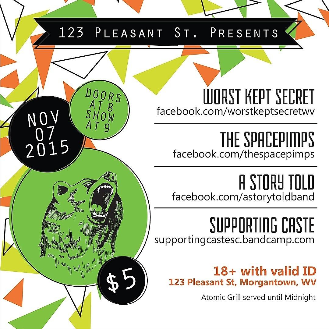 JMillerBrand's tweet photo. This Saturday at @123pleasant @WKS_WV  with @TheSpacePimps @AStoryToldBand and #supportingcaste https://t.co/CKa7sEVh0h