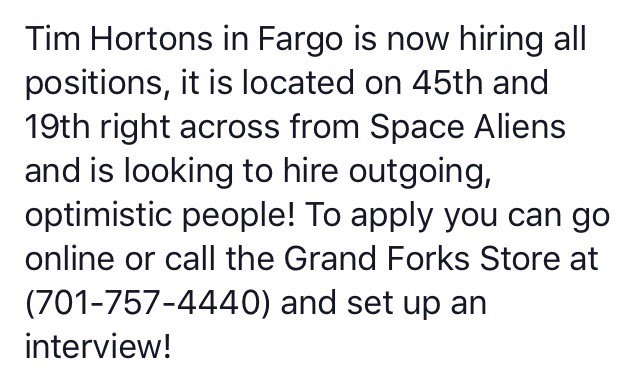 TimHortonsND's tweet photo. NOW HIRING https://t.co/bw8miLFaUH