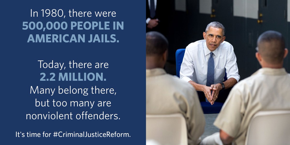 ObamaWhiteHouse's tweet photo. 1980: 500,000 people in American jails.
Today: 2.2 million.

RT if you agree: It's time for #CriminalJusticeReform. https://t.co/DtQWCx30j4