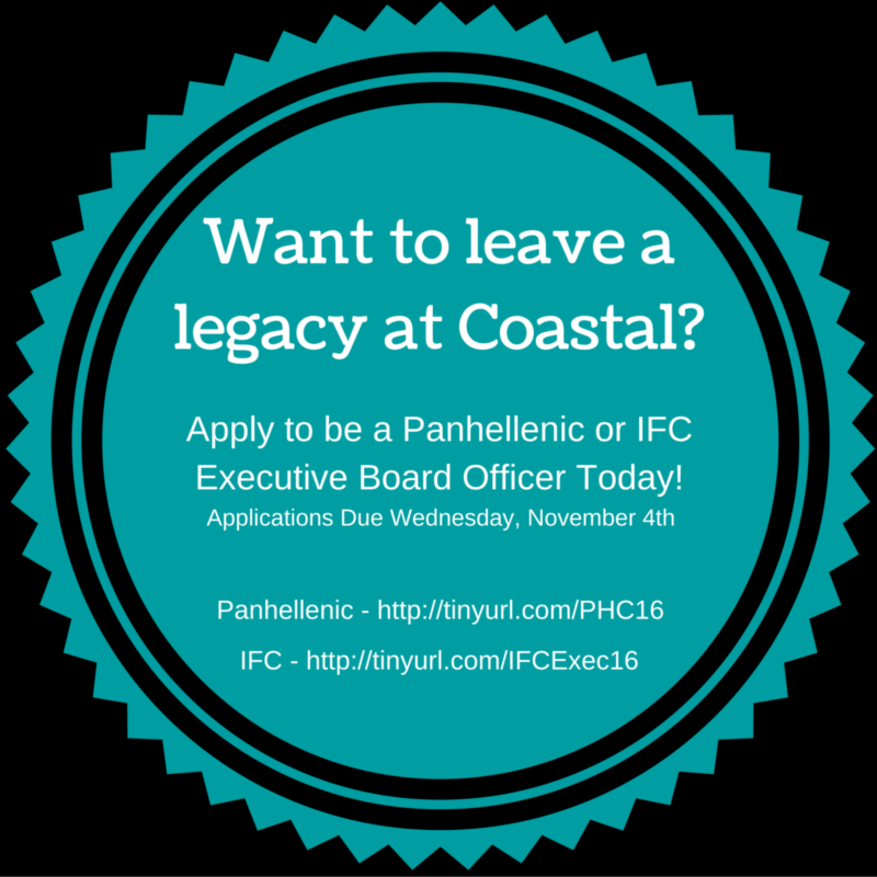 Apply to be a <a href="/CCUPanhellenic/">CCU Panhellenic</a> or <a href="/CCUIFC/">CCU IFC</a> Exec Board Officer today! tinyurl.com/PHC16 tinyurl.com/IFCExec16