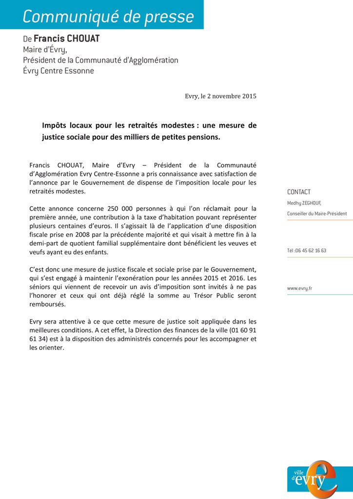 fchouat's tweet photo. Impôts locaux retraités modestes. 1 mesure de justice fiscale et sociale du @gouvernementFR. @VilledEvry mobilisée. https://t.co/vytEXoJhlU