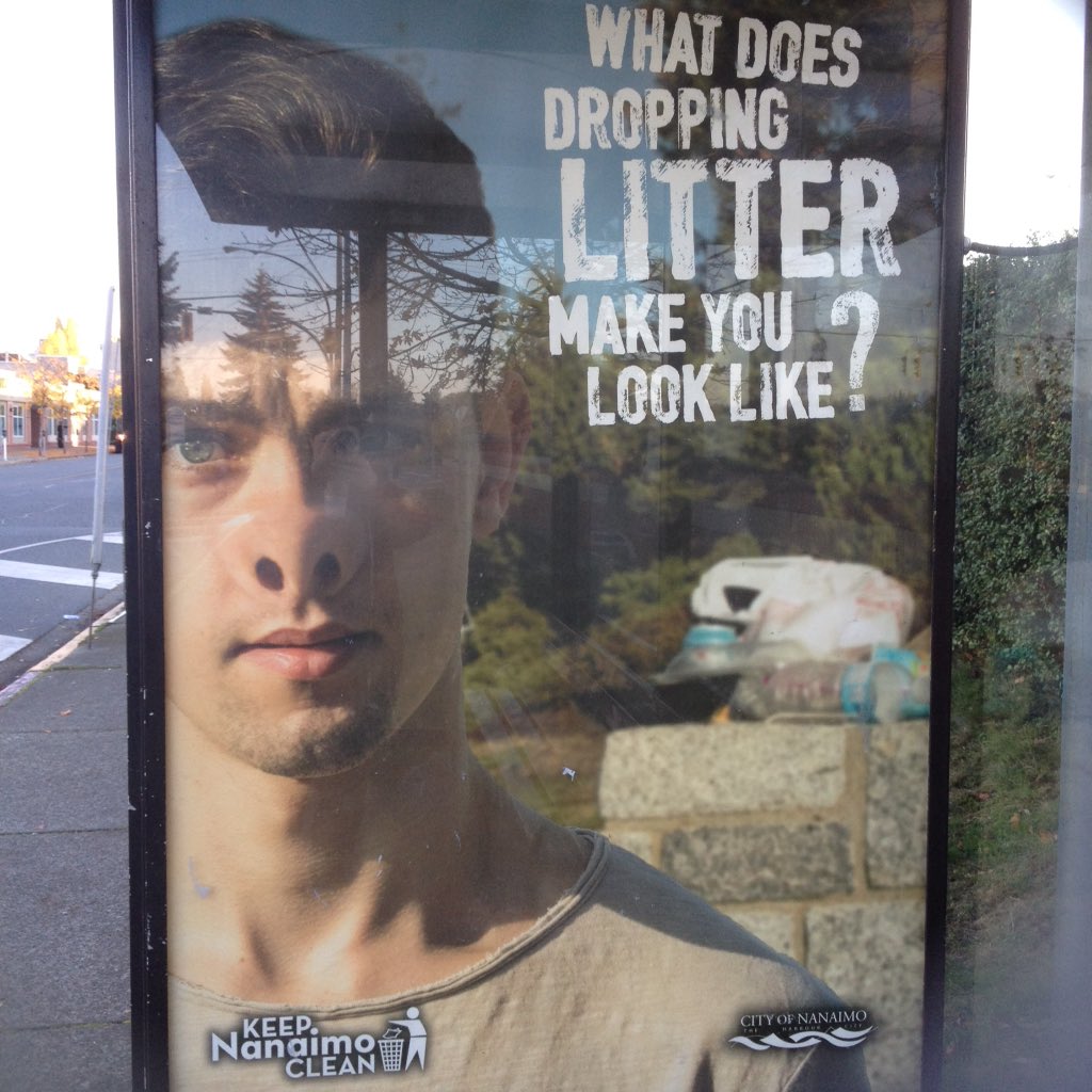 KatiCollins2012's tweet photo. I love this sign lol, just had to share! #Nanaimo #Garbage #DoYourPart #BusStopSign https://t.co/pHnti6Jx47