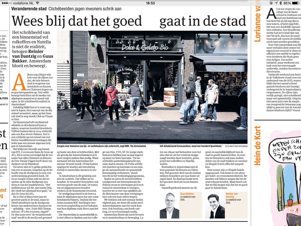 'Wees blij dat het goed gaat in de stad' zeggen <a href="/RvDantzig/">Reinier van Dantzig</a> en <a href="/GuusBakker1/">Guus Bakker</a> van <a href="/d66amsterdam/">D66 Amsterdam</a> in het <a href="/parool/">Het Parool</a>