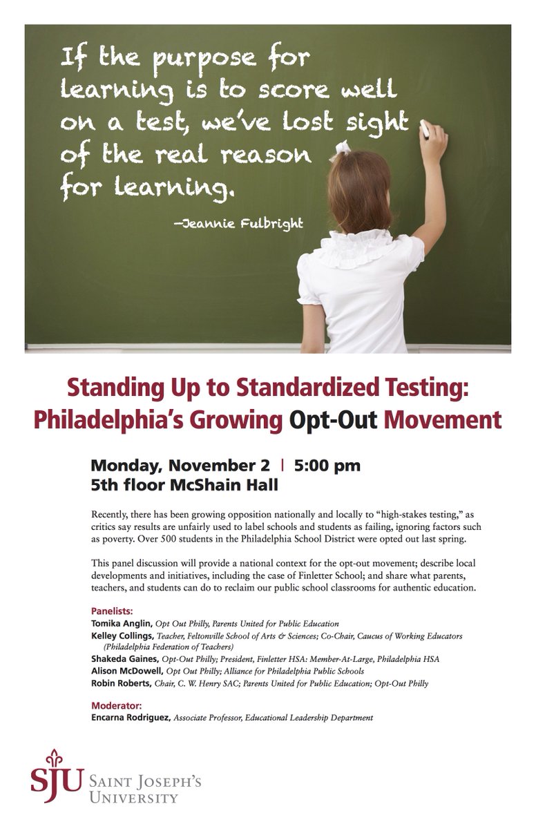 EDU_SJU's tweet photo. Don't forget about the Standing Up to Standardized Testing Panel discussion tonight... https://t.co/tGZeQrsWS1