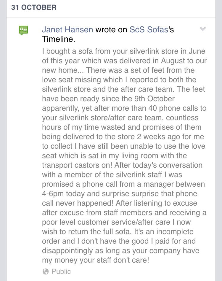 JanCHansen's tweet photo. @ScSSofas how come my posts not on your page? #SCS #customerservice https://t.co/Ao7wswZnJ2
