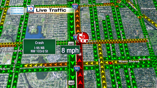 Crash on I-95 NB at NW 103rd St. Speeds at 8mph. Express lanes closed #traffic #miami @JeniseFernandez https://t.co/pvHcIzjkjn