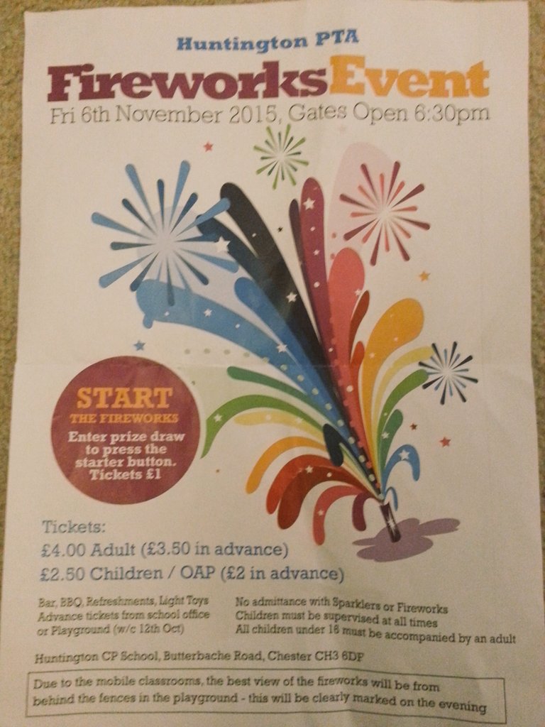 HuntingtonPTA's tweet photo. Fireworks night!!This Friday! By tickets at door!  @ChesterChron @welovecheshire @HuntingtonChest @chesterfamilies https://t.co/66I4JCPMEU