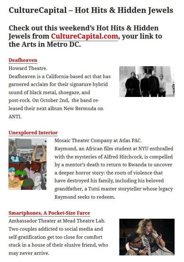 DC Commission on the Arts & Humanities (@thedcarts) on Twitter photo Check out <a href="/DCArtsInsider/">CultureCapital.com</a>'s Hot Hits this weekend! Visit culturecapital.com <a href="/deafheavenband/">Deafheaven</a> <a href="/mosaictheatreco/">Mosaic Theatre Co</a> Check out <a href="/DCArtsInsider/">CultureCapital.com</a>'s Hot Hits this weekend! Visit culturecapital.com <a href="/deafheavenband/">Deafheaven</a> <a href="/mosaictheatreco/">Mosaic Theatre Co</a>