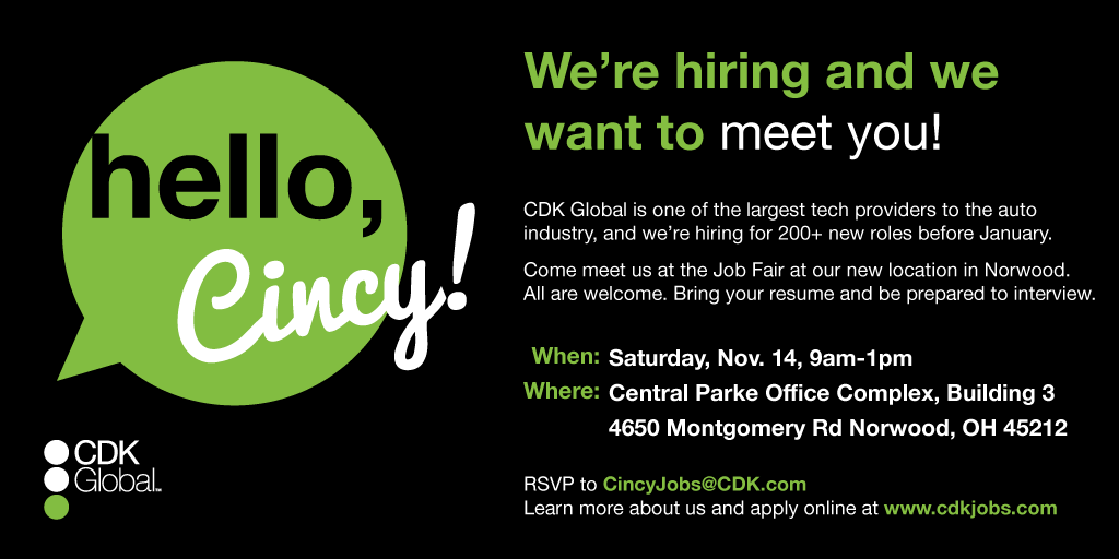 LifeatCDK's tweet photo. We 💚 #Cincinnati, adding 1,000 #jobs to the market. See u at our Job Fair on Nov 14 - bring your resume. RSVP today. https://t.co/ptTRZJ06LI