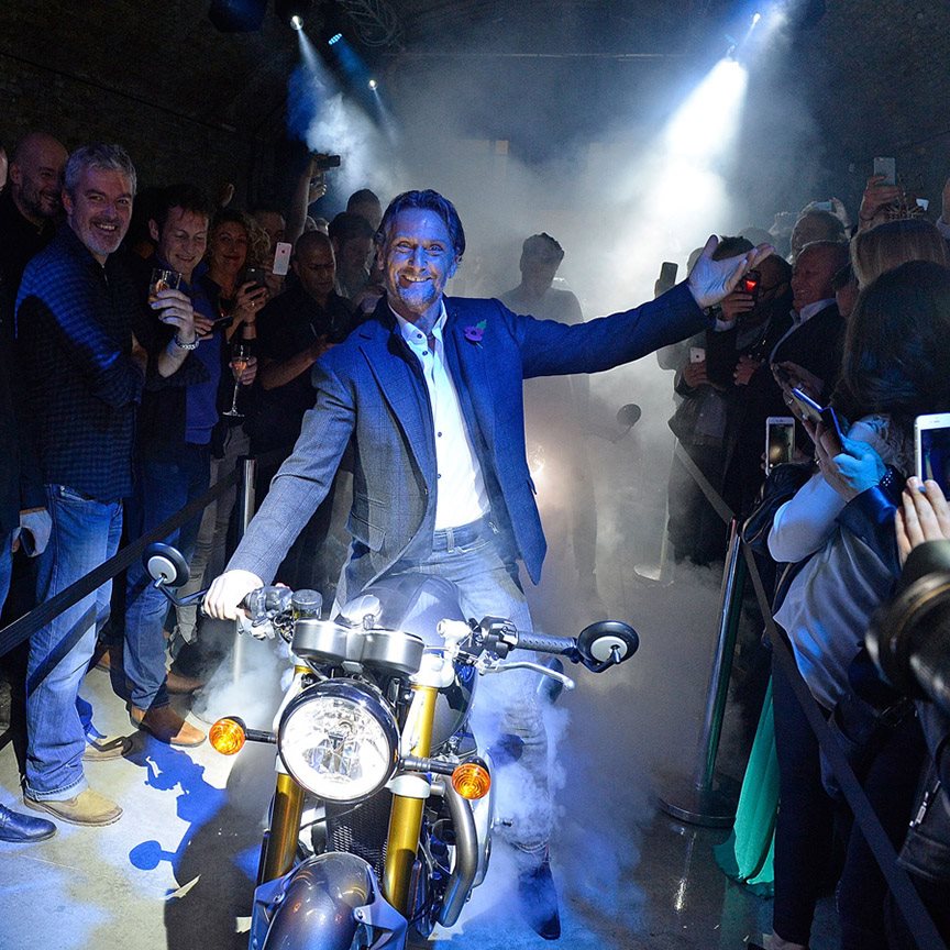 Spiritofthe70s's tweet photo. Me and Kev getting smoked out by @carlfogarty at the @TriumphOfficial launch of the new Bonneville. https://t.co/Md5jm1jD2w