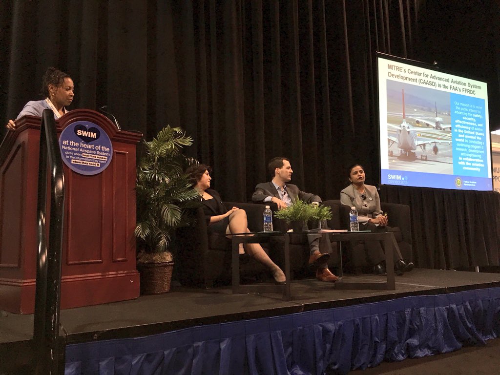 MarcusAlzona's tweet photo. #FAASWIM Connect Industry Panel: @nadinesa/@sflakesoftware @dbakerflight/@flightaware Anuja Verna/@MITREcorp #ATCA60 https://t.co/TD7Ow55F4w