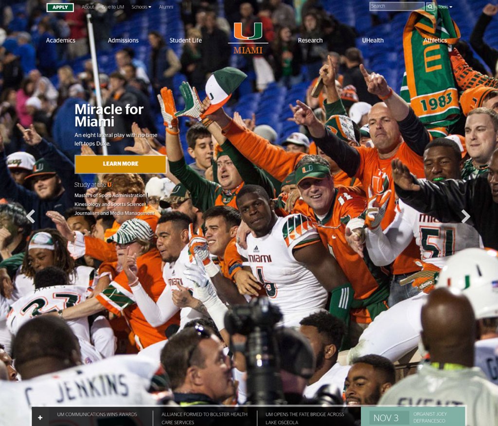 psresnick's tweet image. @UMiamiUOnline #sportadmin degree getting major mention on #UM main page to go along with the miracle retUrn