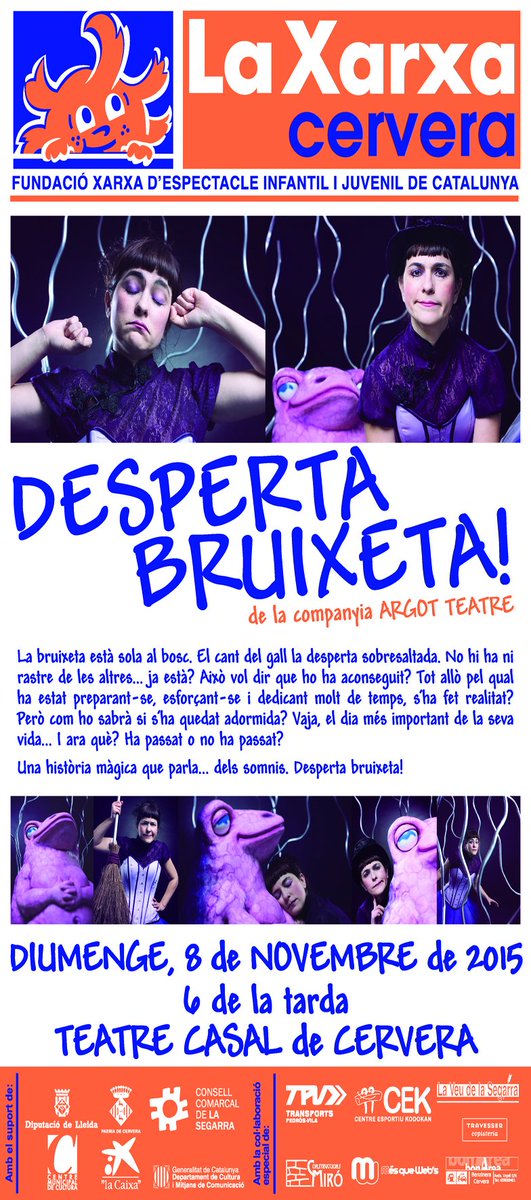 'DESPERTA BRUIXETA!' d'<a href="/ArgotTeatre/">Argot Teatre</a>, diumenge 8nov 6tarda al Teatre <a href="/CasaldeCervera/">Casal de Cervera</a> #LAXARXA #Cervera