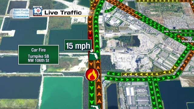 Car fire on Turnpike SB at NW 106th St. Speeds at 15mph #traffic #miami @JeniseFernandez https://t.co/l6qLuFdYdi