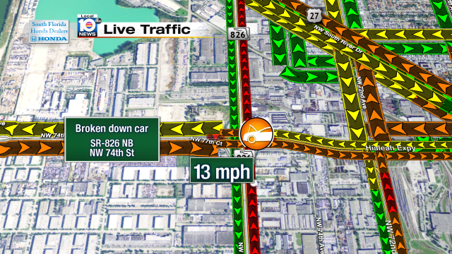 Broken down car on SR-826 NB at NW 74th St. Speeds at 13mph #traffic #miami @JeniseFernandez https://t.co/E12O9vAIab