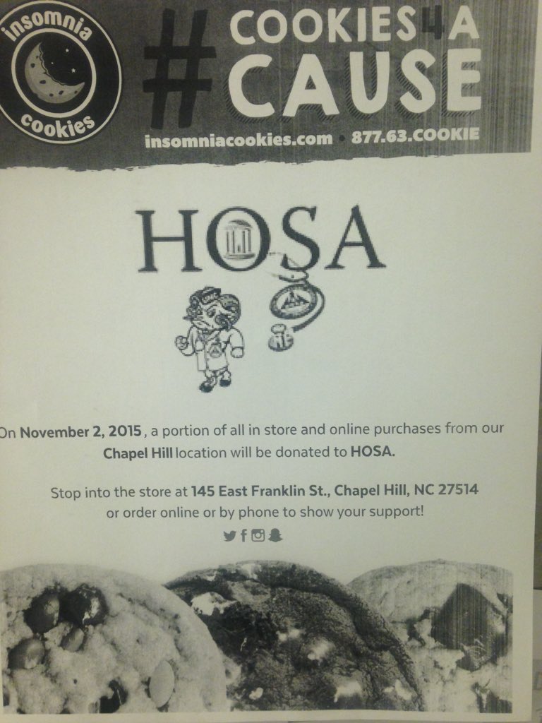UNC_HOSA's tweet photo. Craving cookies? Sweet tooth? Order from Insomnia today and support UNC HOSA! https://t.co/1bbmd5xdeW