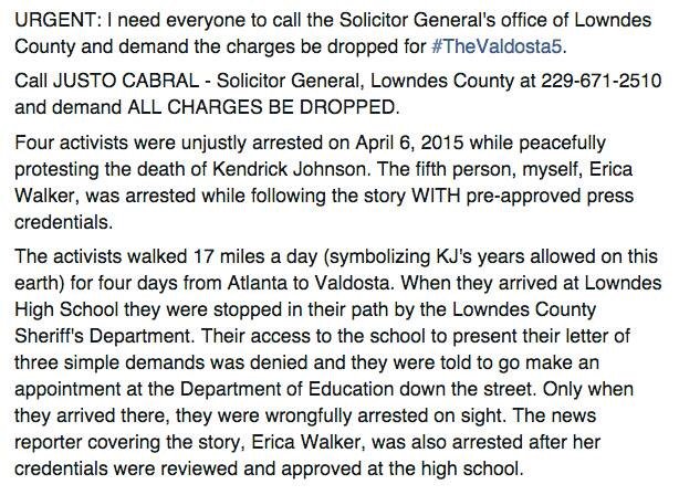 TheCommUNITY__'s tweet photo. Call &amp; ask for JUSTO CABRAL, Solicitor General, at 229-671-2510; demand ALL CHARGES BE DROPPED for #ValdostaFive. https://t.co/OID0udmrox